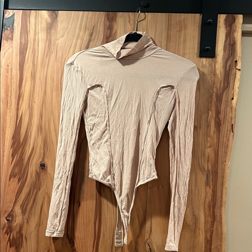 Beige Long-Sleeve Mock Neck Bodysuit